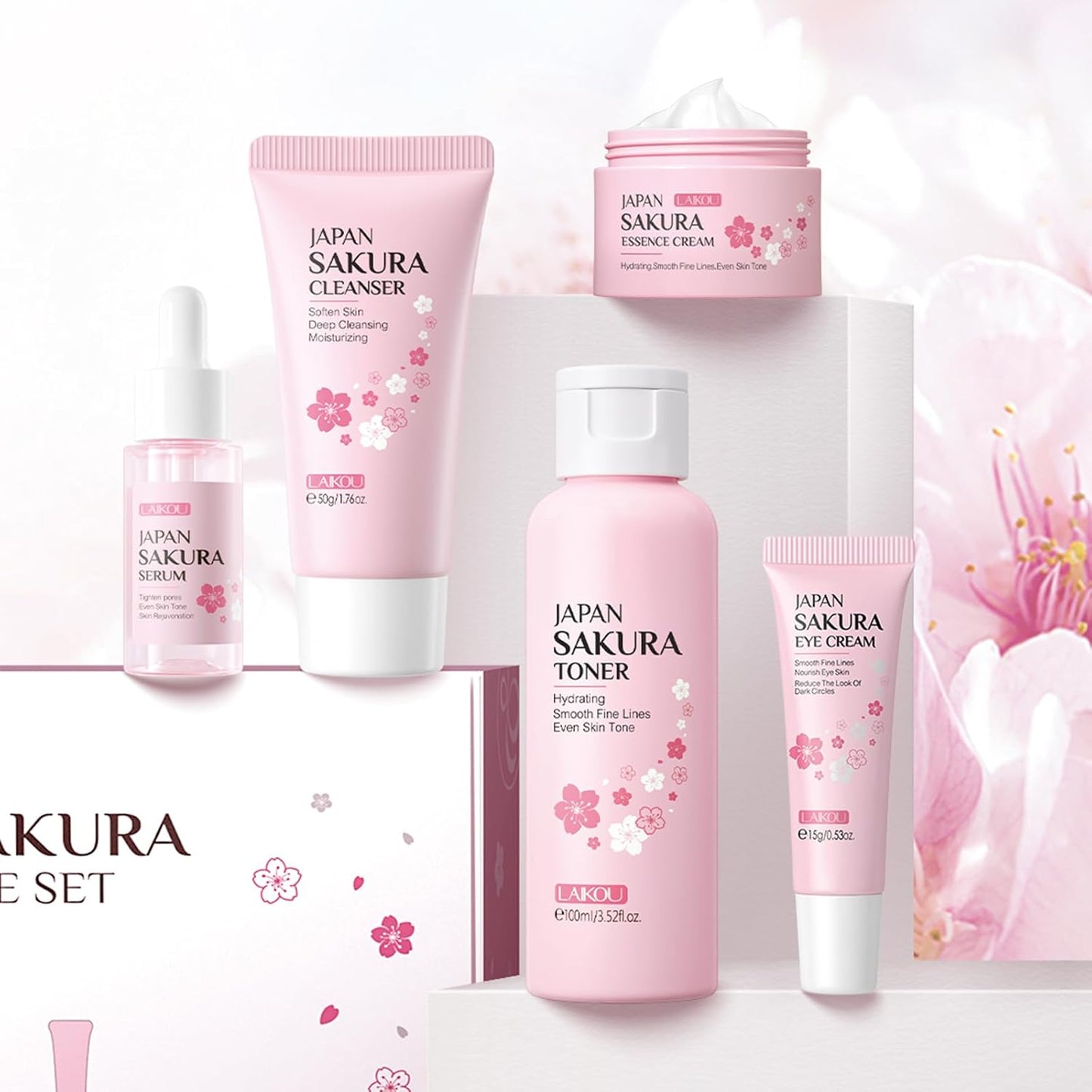 Skin Care Set JAPAN SAKURA Women Beauty Gift Sets Skin Care Kit with Cleanser, Toner, Serum, Eye Cream, Face Cream Travel Kit for Women Teen Girls Mom Daughter Birthday TSA-friendly Sizes 5pcs