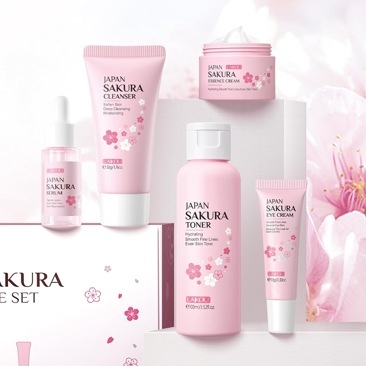 Skin Care Set JAPAN SAKURA Women Beauty Gift Sets Skin Care Kit with Cleanser, Toner, Serum, Eye Cream, Face Cream Travel Kit for Women Teen Girls Mom Daughter Birthday TSA-friendly Sizes 5pcs