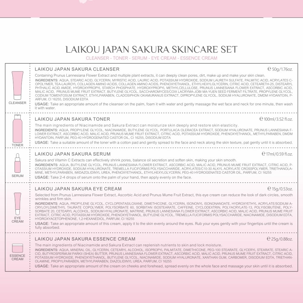 Skin Care Set JAPAN SAKURA Women Beauty Gift Sets Skin Care Kit with Cleanser, Toner, Serum, Eye Cream, Face Cream Travel Kit for Women Teen Girls Mom Daughter Birthday TSA-friendly Sizes 5pcs