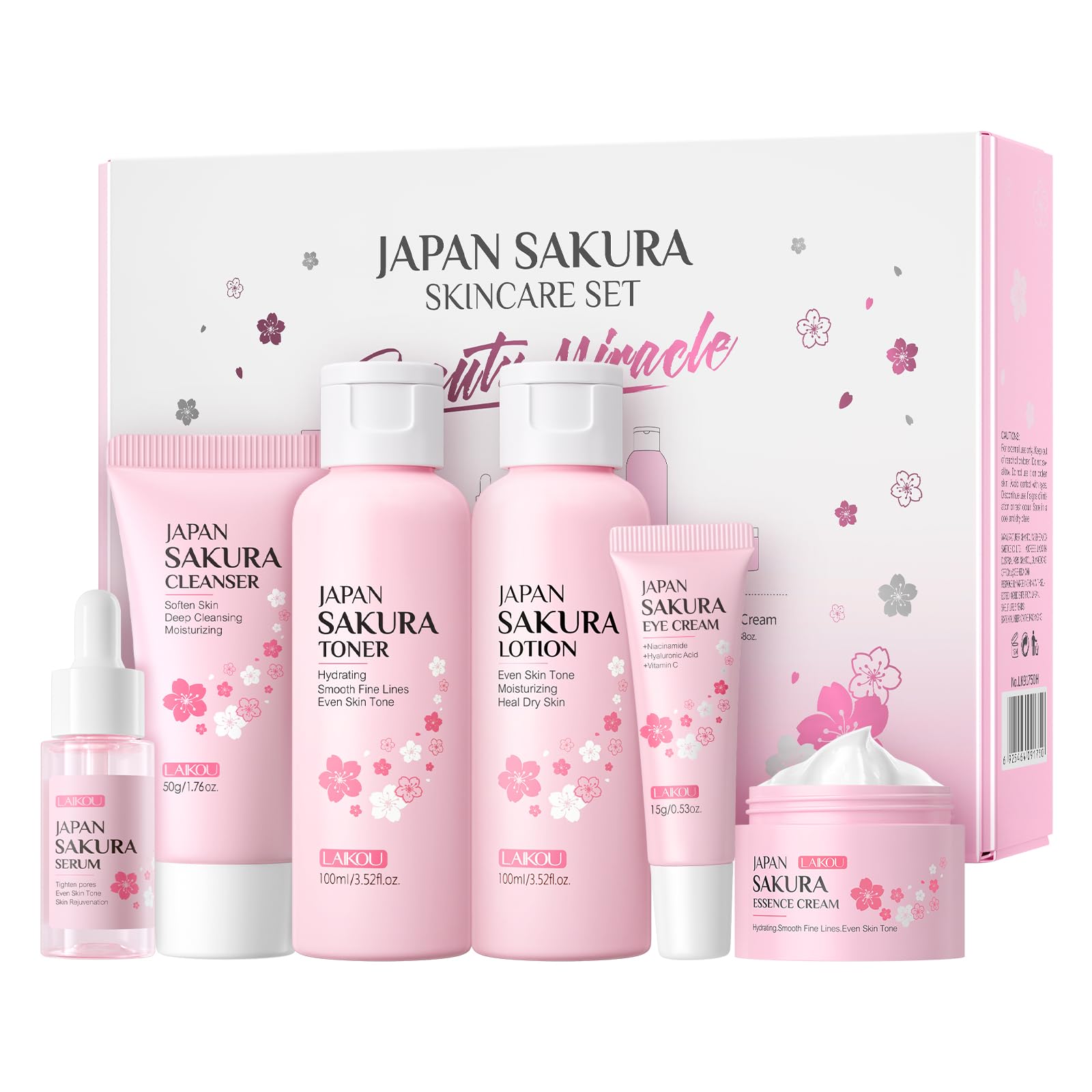 Skin Care Set JAPAN SAKURA Women Beauty Gift Sets Skin Care Kit with Cleanser, Toner, Serum, Eye Cream, Face Cream Travel Kit for Women Teen Girls Mom Daughter Birthday TSA-friendly Sizes 5pcs